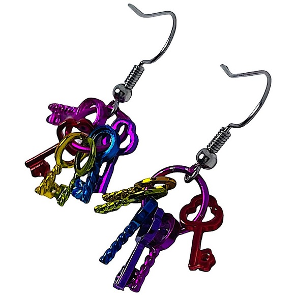 Rainbow metallic bright mini key dangle charm earrings NEW - Picture 2 of 11